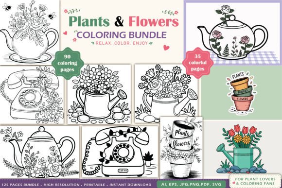 90 Plants Flowers Coloring Page Bundle: Graphics & Coloring Pages Amp