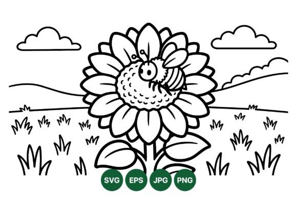 Cute Bee Sunflower Coloring: Graphics & Illustrations for Real Publishing