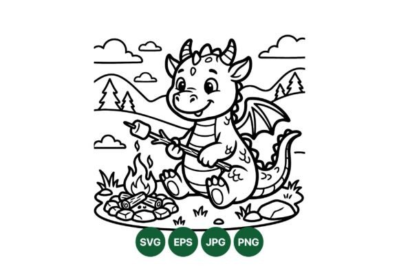 Cute Dragon Camping Coloring SVG: Graphics & Illustrations