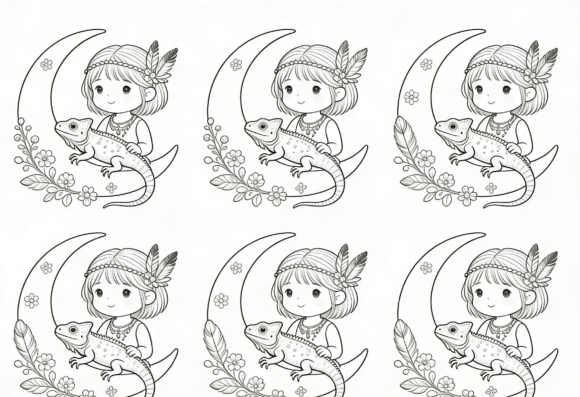 Cute Girl Moon Lizard Coloring Page: Graphics for Crafts