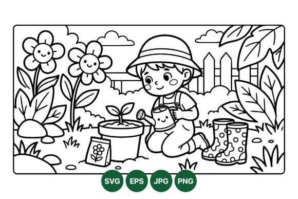 Cute Kid Gardening Coloring SVG