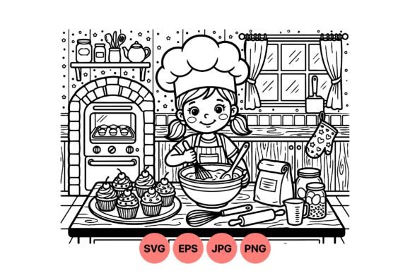 Cute Kids Baking Coloring Page: Graphics & Illustrations