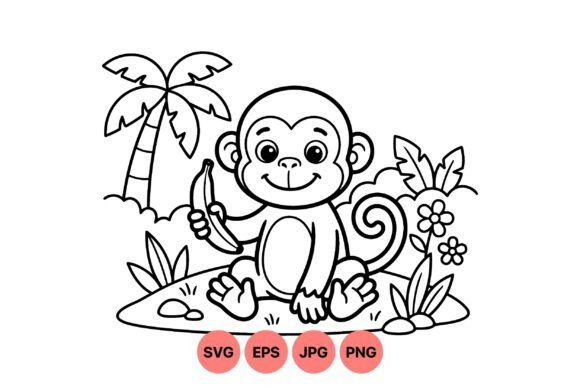 Cute Monkey Coloring SVG Design: Graphics & Illustrations