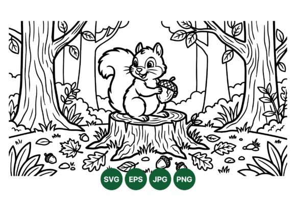 Cute Squirrel Forest Coloring SVG