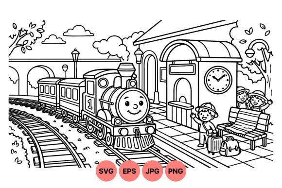 Cute Train Station Coloring SVG: Graphics & Illustrations