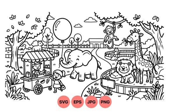 Cute Zoo Animals Coloring Scene: Graphics & Illustrations