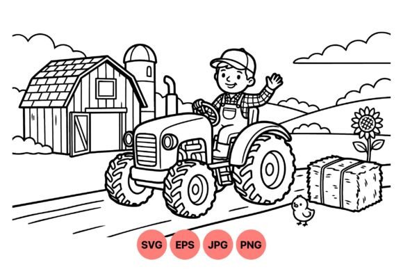 Farm Tractor Boy Coloring SVG: Graphics & Illustrations