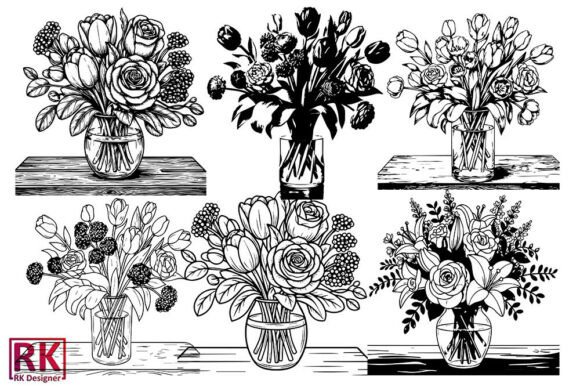 Floral Vase Bouquet Coloring SVG Bundle: Graphics for Crafts & Content