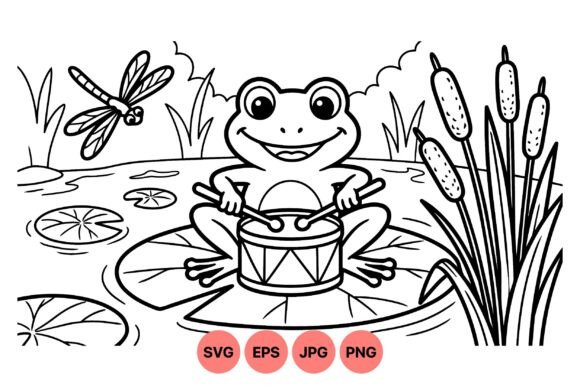 Frog with Drum Coloring Page: Graphics & Illustrations