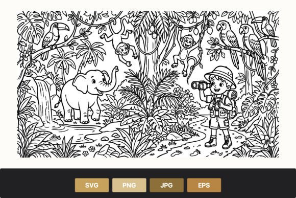Jungle Explorer Boy Line Art Coloring: Graphics & Illustrations