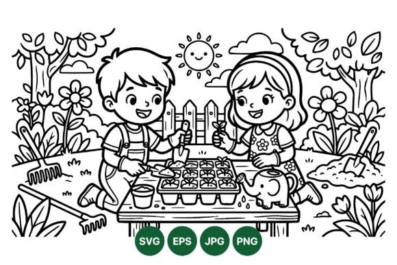 Kids Gardening Coloring Scene: Playful Graphics & Illustrations