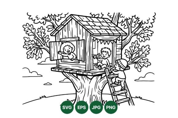 Kids Treehouse Coloring Illustration: Graphics & Illustrations