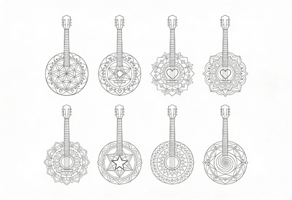 Mandala Guitar Banjo Coloring Pages: Graphics for Crafts-Driven Branding