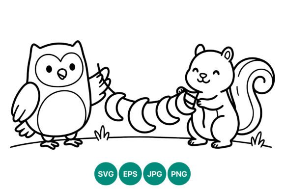 Owl and Squirrel Leaf String Coloring: Graphics & Illustrations