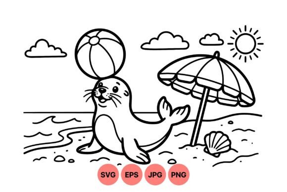 Playful Seal Beach Coloring SVG: Graphics & Illustrations