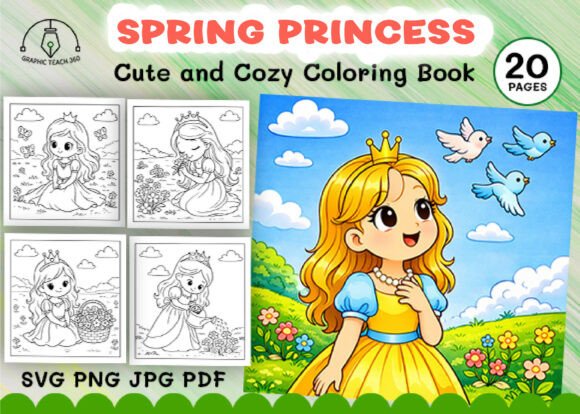 Spring Princess Coloring Book: Graphics & Coloring Pages Amp