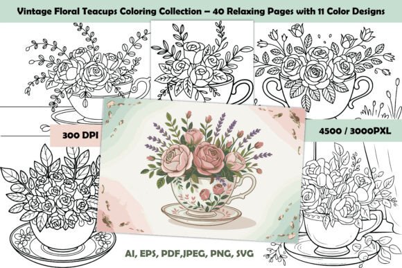 Vintage Floral Teacups Coloring Book: Graphics & Coloring Pages Amp