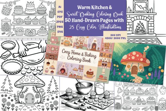 Warm Kitchen Baking Coloring Book: Graphics & Coloring Pages Amp