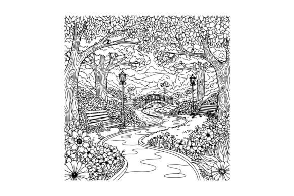 Whimsical Park Scene Coloring Page: Graphics & Coloring Pages Amp